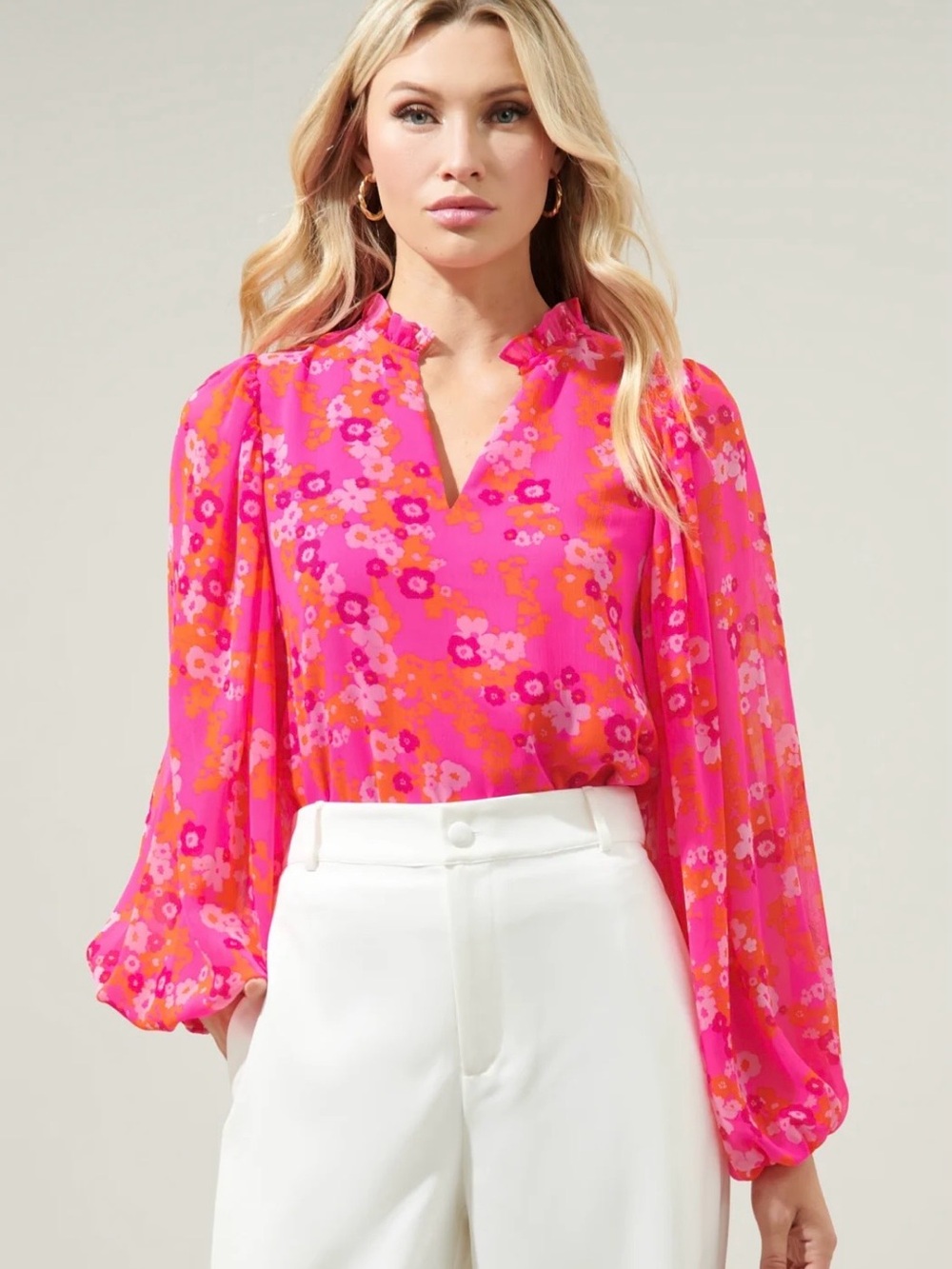 Sugarlips Poppy Punch Hathaway Split Neck Long Sleeve Blouse - Picture 3 of 5